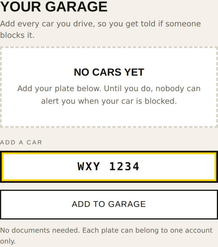 The Garage screen with a plate typed in and the Add to garage button.